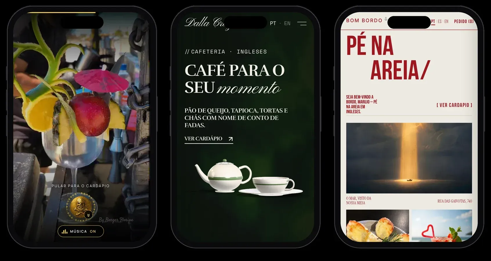 Три мобильных сайта из портфолио студии: Barba Drinks, Cafeteria Dalla Cruz, Bom Bordo